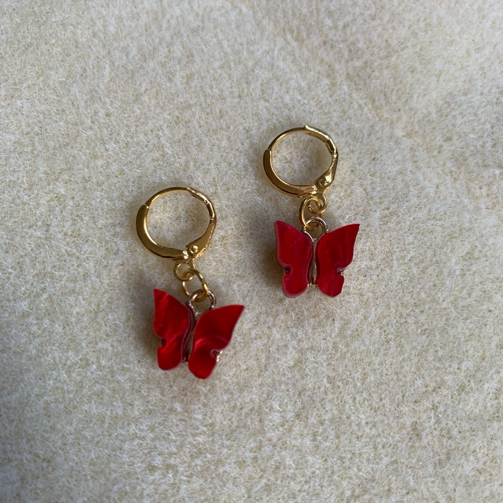 *3 for $20* Red and Gold Acrylic Butterfly Huggie Hoop Earrings